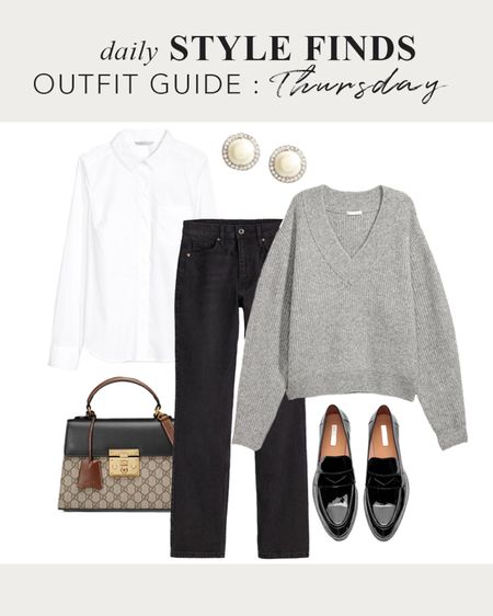 How to style wide leg black denim jeans for fall with a grey v-neck, white button down shirt, black loafers and a Gucci bag.  #ComfyFallStyle Comfy Fall Outfit Over 40 Style #over40style #falloutfits #fallstyleguide #falloutfitguide #falljeans #falltrends2023 #cozysweaters #fallsweaters #fallshoes #falltrends

#LTKshoecrush #LTKstyletip #LTKworkwear