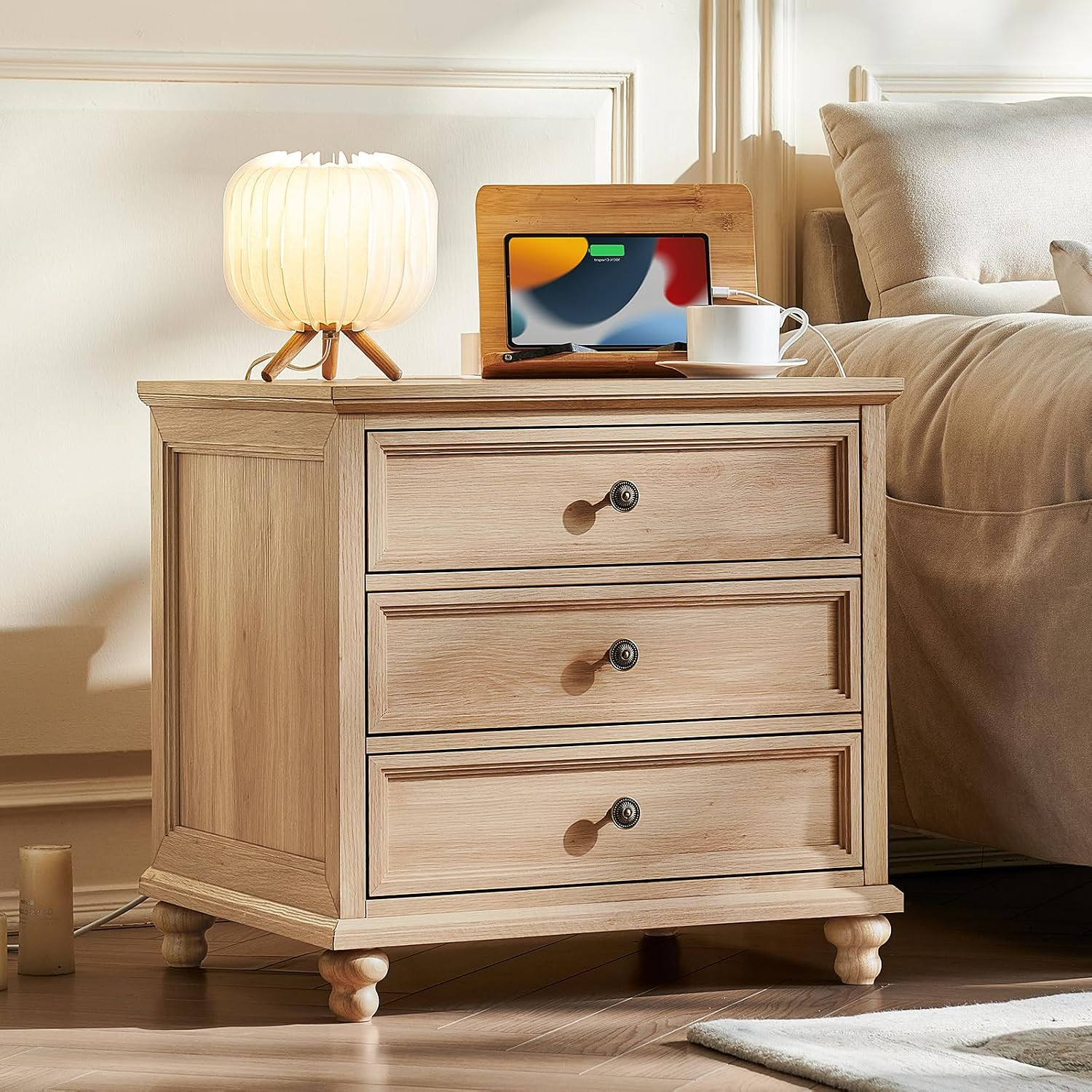 Joaxswe Farmhouse Nightstand with Charging Station, 24" Wide End Table with 3 Drawers,Natural Woo... | Amazon (US)
