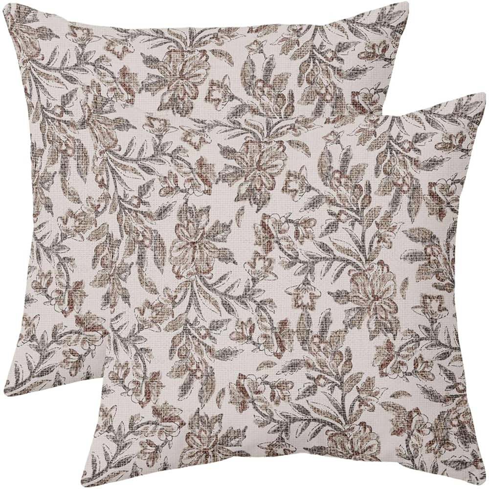 Floral Block Print Pillow Covers 20x20 Set of 2 Vintage Flower Brown Grey Decorative Throw Pillow... | Amazon (CA)