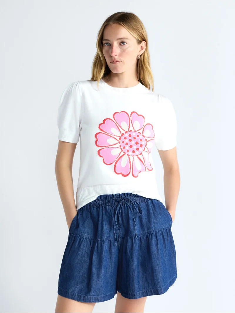 Free Assembly Women's and Women's Plus Floral Sweater with Puff Sleeves, Lightweight, Sizes XS-4X | Walmart (US)