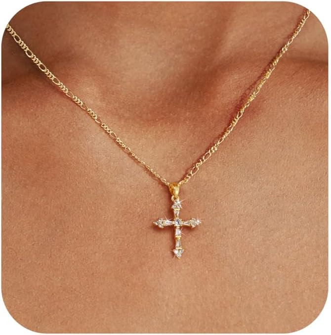Cross Necklace for Women,Double Cross Necklace 14K Gold Plated Cross Pendant Necklace Dainty Gold... | Amazon (US)