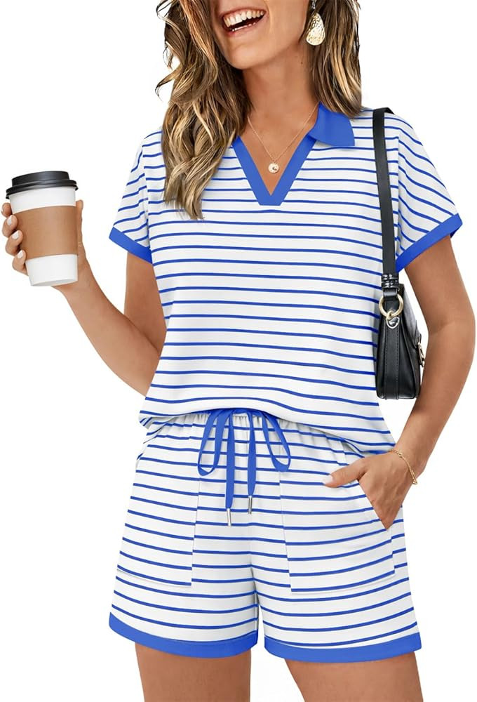 Yousify Womens Lounge Sets Two Piece Sets Summer Polo Shirts and Drawstring Shorts Matching Cloth... | Amazon (US)