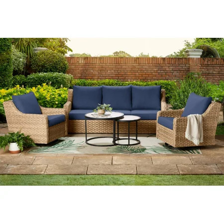 Better Homes & Gardens River Oaks Outdoor 5-Piece Wicker Conversation Set with Patio Cover, Navy | Walmart (US)