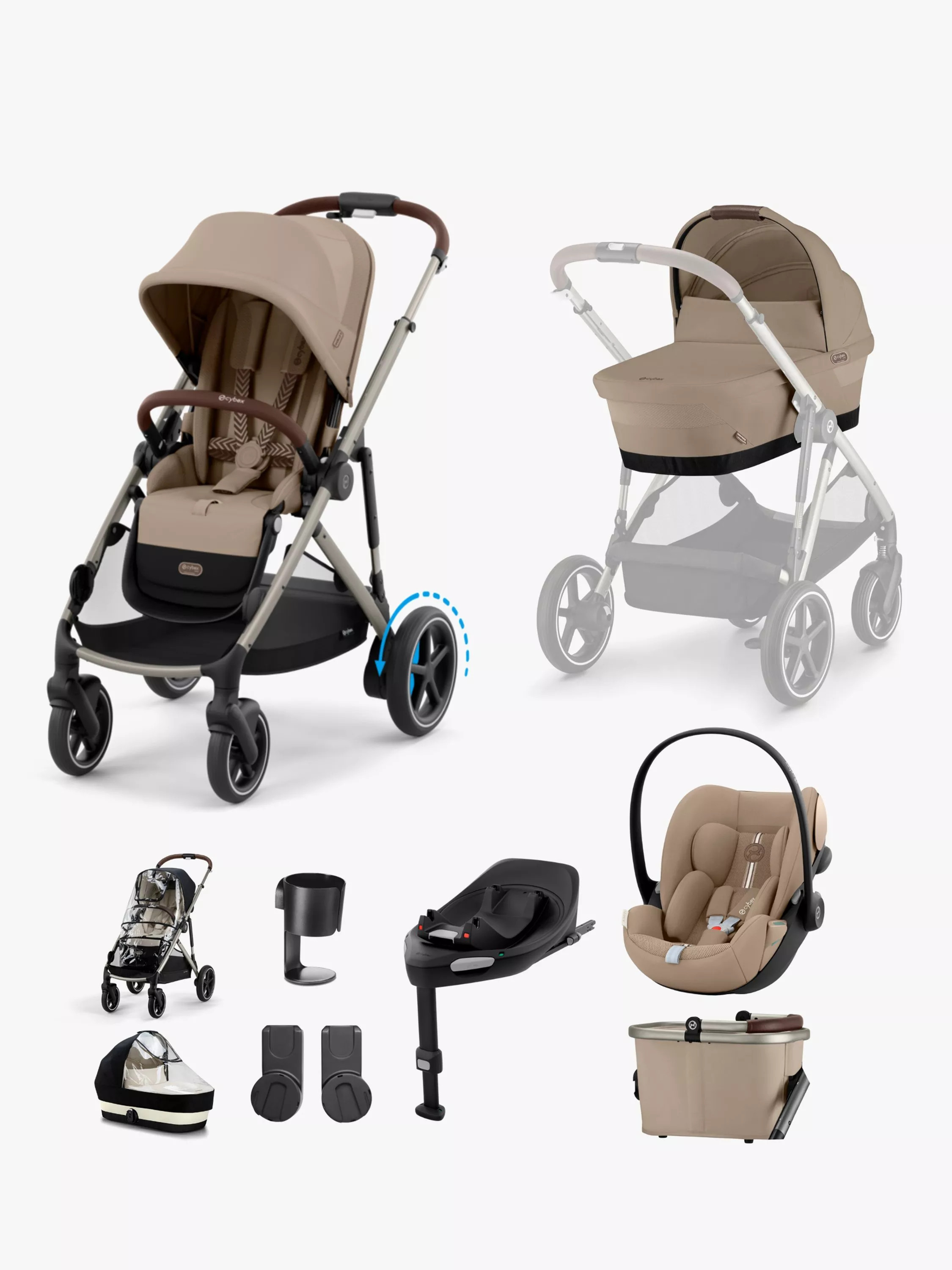 Cybex E-Gazelle S Pushchair, Carrycot & Accessories with the Cloud G Car Seat and Base G Bundle, Beige/Black | John Lewis (UK)