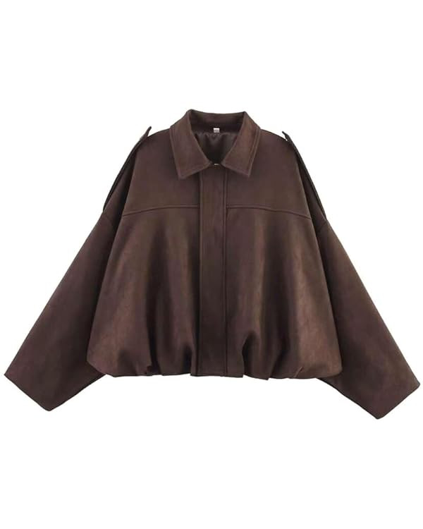 SKAYS Women's Faux Suede Jacket Oversized Long Sleeves Zip Up Bomber Jackets Casual Coat Lapel Pi... | Amazon (US)