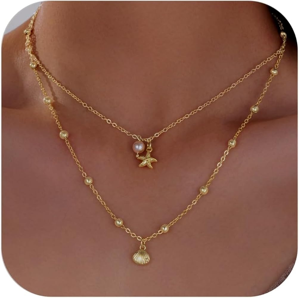 Seashell Starfish Necklace for Women Conch Shell Summer Pearl Beach 14k Gold Layered Dainty Choke... | Amazon (US)