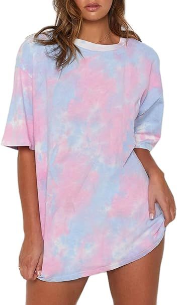 just quella Oversized T Shirts for Women Loose Casual Short Sleeve Tie Dye Tops Tees Mini Dress | Amazon (US)