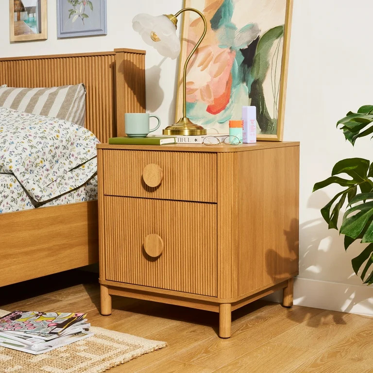 Beautiful 2-Drawer Fluted Nightstand with Teched Away by Drew Barrymore, Warm Honey Finish, Adult... | Walmart (US)