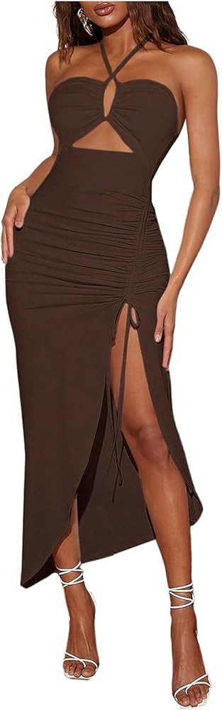 SOLY HUX Women's Cut Out Ruched Halter Dress High Split Drawstring Bodycon Maxi Vacation Dresses | Amazon (US)