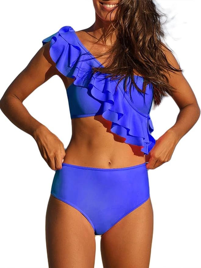 Hilinker Women's Ruffle One Shoulder Bikini High Waist Bikini Swimsuit 2 Piece Bathing Suit | Amazon (US)