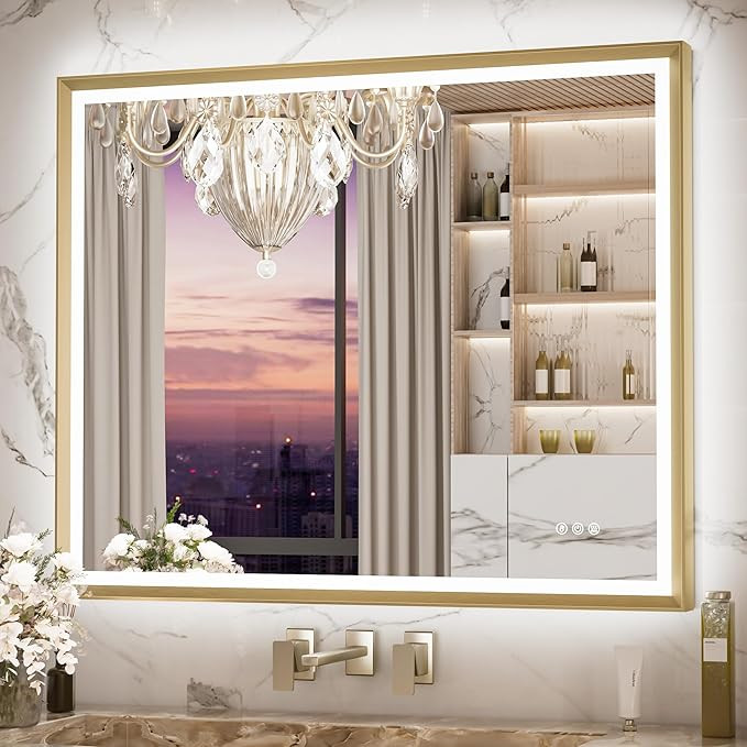 Keonjinn 40” x 32” LED Mirror for Bathroom with Frontlit & Backlit, Brushed Gold Framed Mirro... | Amazon (US)