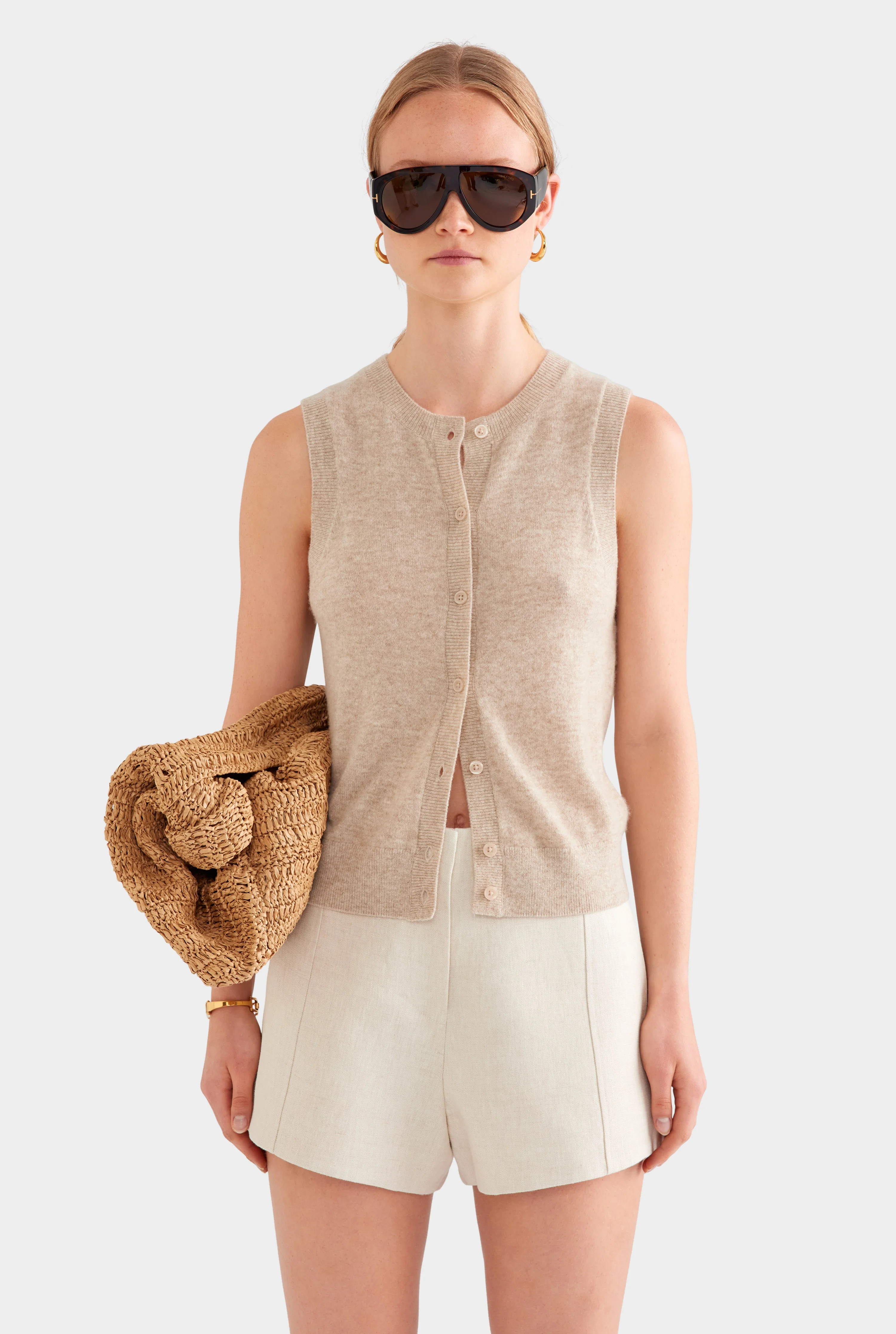 Womens Cashmere Button Through Tank Sand | Venroy | Venroy AU