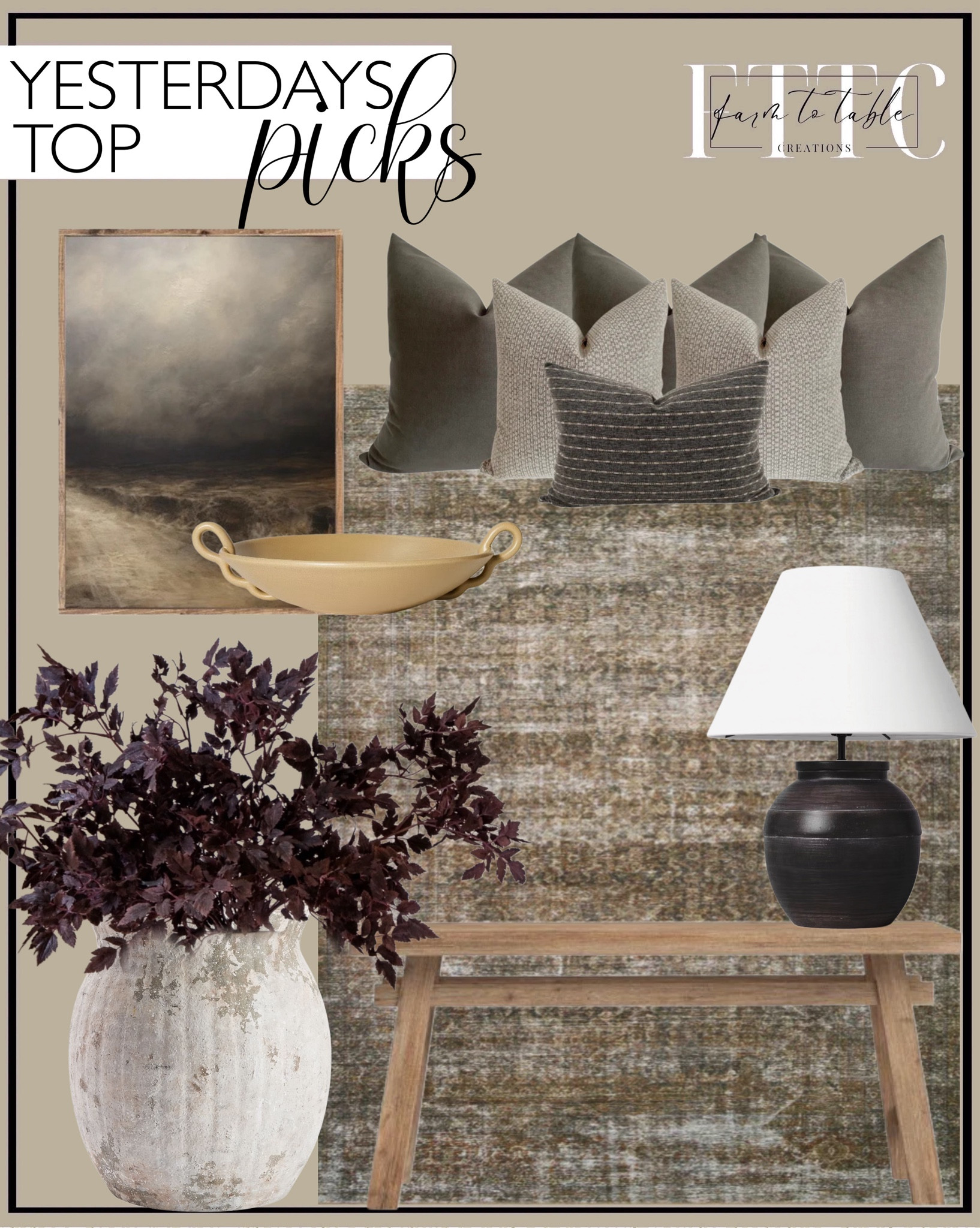 Yesterday’s Top Picks. Follow @farmtotablecreations on Instagram for more inspirational.

Use code FARMTOTABLE for 15% off artwork. 

Hackner Home Pillow Combo. Billie Tobacco Rust Rug. Moody Dark Tone Abstract. Weathered Vase. Afloral Plum Artificial Cimicifuga Plant Leaf Spray. Milani Solid Wood Bench. Large Ceramic Table Lamp Black - Threshold. Ceramic Link Bowl with Handles - Threshold designed with Studio McGee. 

Bedroom Bench | Coffee Table Decor | Fall Decor | Fall Stem Sale | Target Finds | Skinny Bench | Bedroom | Living Room | Breakfast Nook | Amazon Home | Target Sale | Loloi Rugs | Magnolia Home | console table | console table styling | faux stems | entryway space | home decor finds | neutral decor | entryway decor | cozy home | affordable decor |  home decor | home inspiration | spring stems | spring console | spring vignette | spring decor | spring decorations | console styling | entryway rug | cozy moody home | moody decor | neutral home



#LTKFindsUnder50 #LTKHome #LTKSaleAlert
