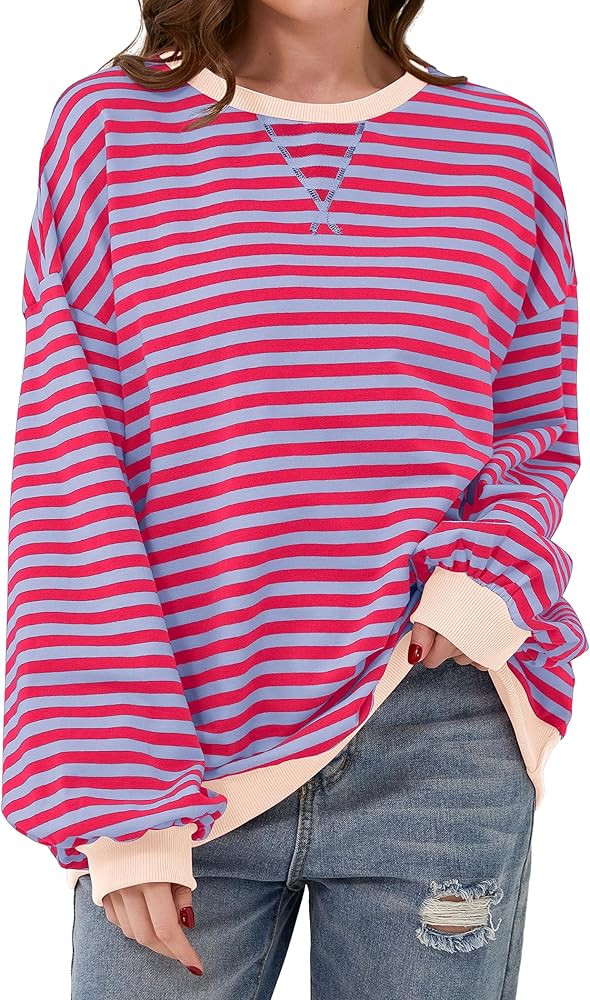 Striped Shirt Women Oversized Sweatshirt Color Block Long Sleeve Crew Neck Sweatshirt Loose Pullo... | Amazon (US)
