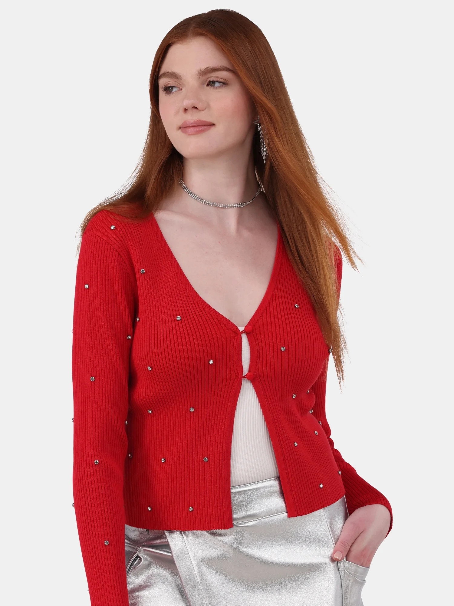 No Boundaries Ribbed Rhinestone Cardigan, Women’s and Women’s Plus | Walmart (US)