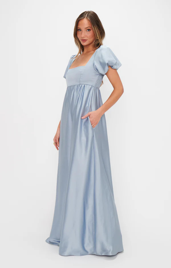 Nora Maxi Dress ~ Steel Blue Luxe Satin | Show Me Your Mumu