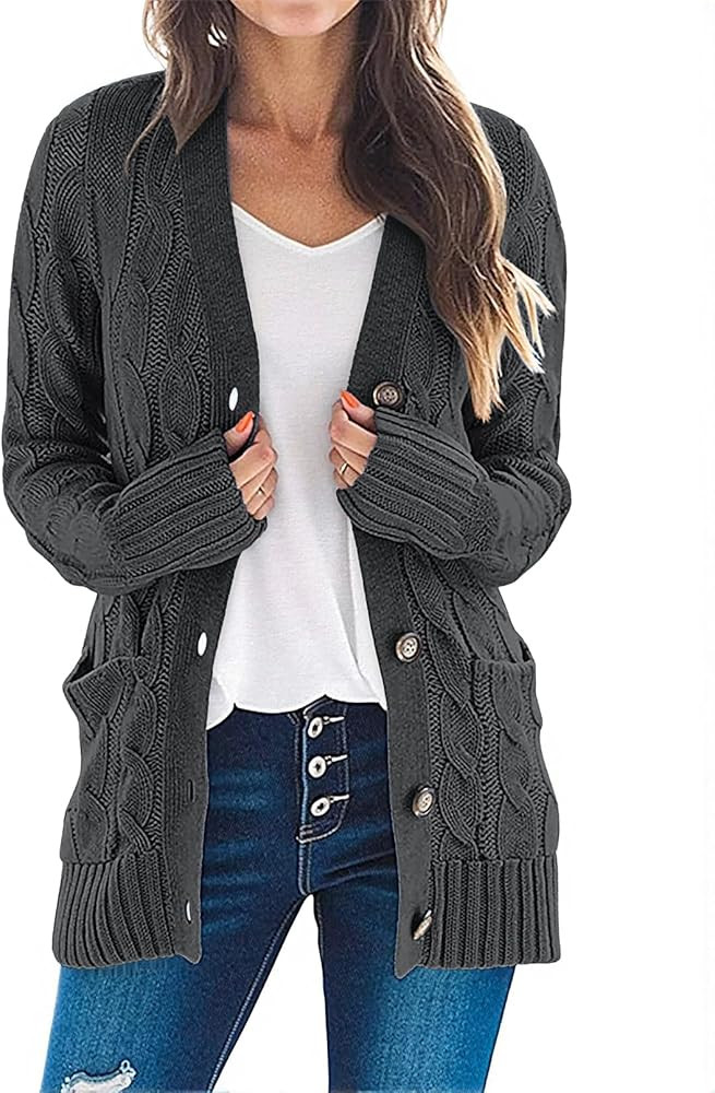 MEROKEETY Women's 2025 Fall Long Sleeve Cable Knit Sweater Open Front Cardigan Button Loose Outerwear | Amazon (US)