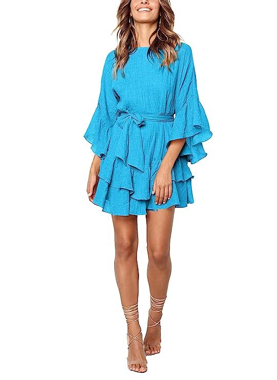 NERLEROLIAN Women Tunic Tshirt Dress Casual Loose Style Mid Sleeve Ruffle Belt Mid Sleeve Dress | Amazon (US)