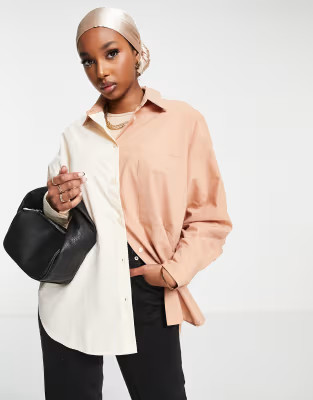 ASOS DESIGN relaxed dad shirt with dipped hem in camel & cream color block | ASOS (Global)