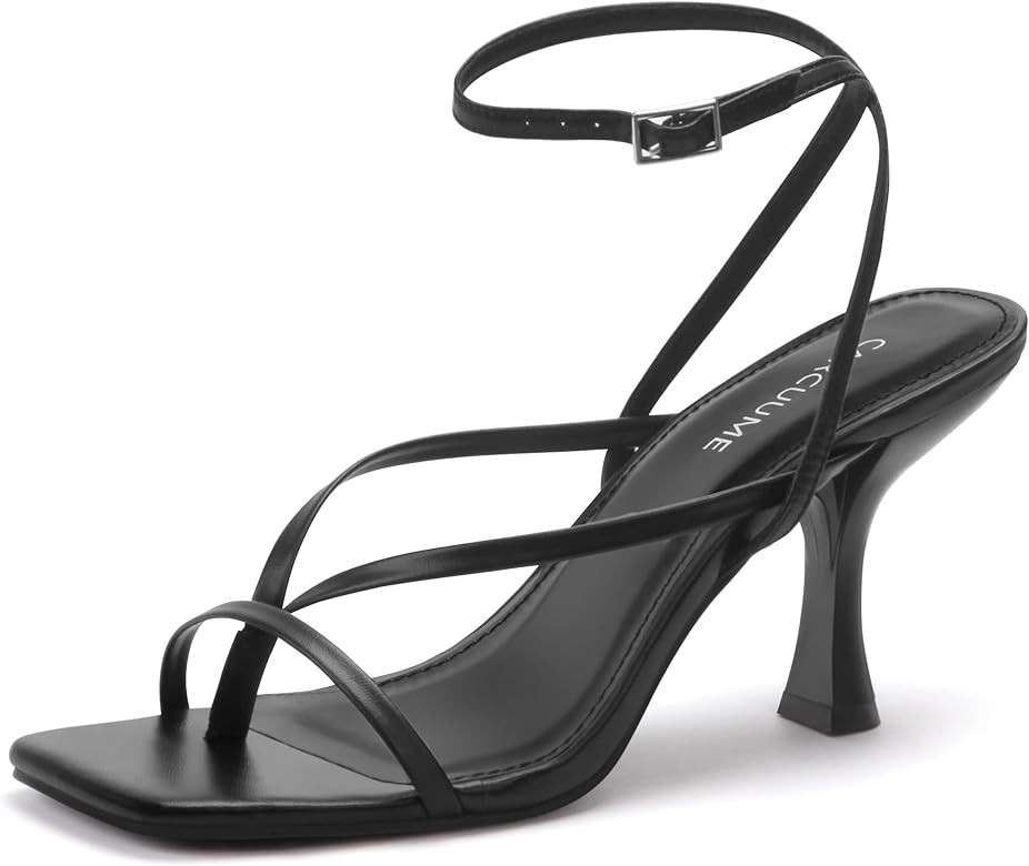 Carcuume Womens Kitten Heels Square Toe Thong Strappy Ankle Strap Stiletto Heel Sandals | Amazon (US)