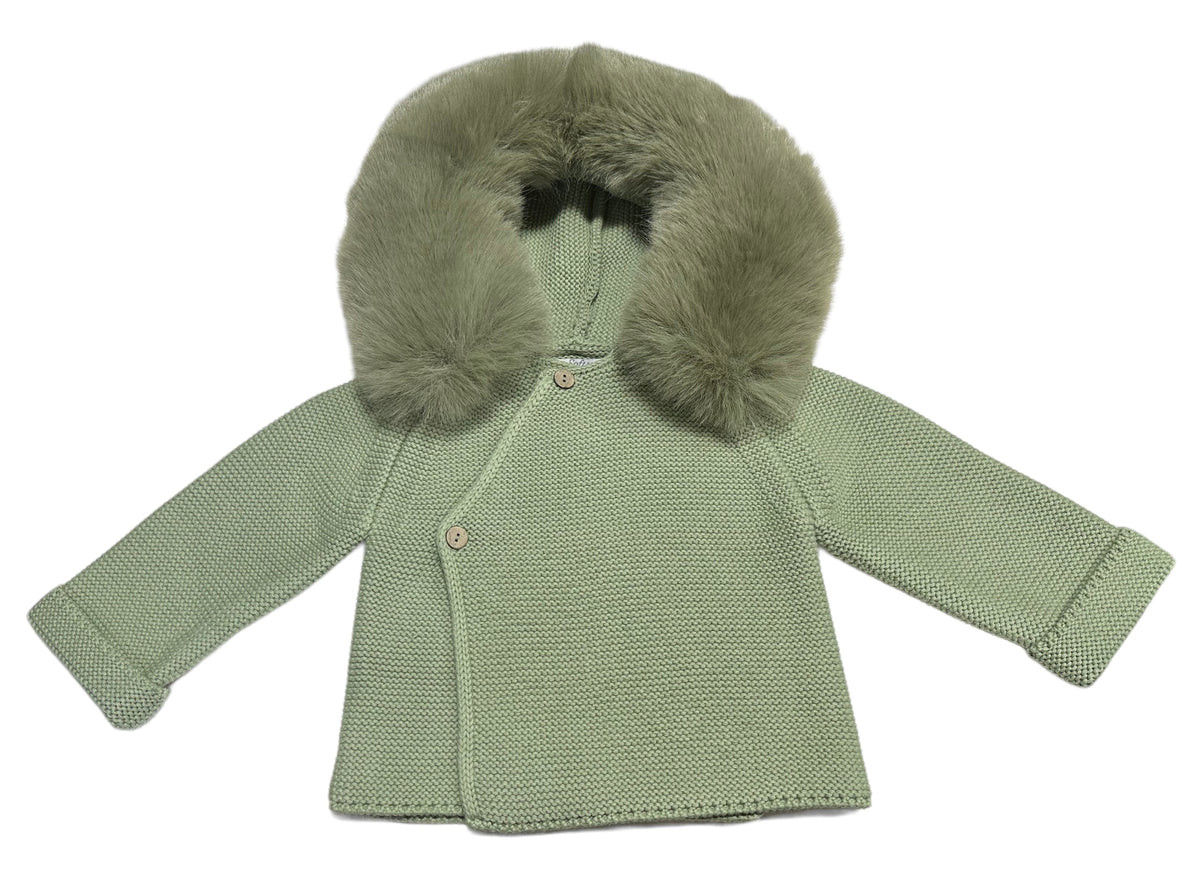Knit Jacket with Removable Fur Hood in Sage | Over The Moon