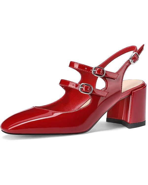 Adrizzlein Women Mary Janes Pumps Round Toe Strappy Chunky Heel Pumps with Adjustable Buckle | Amazon (US)