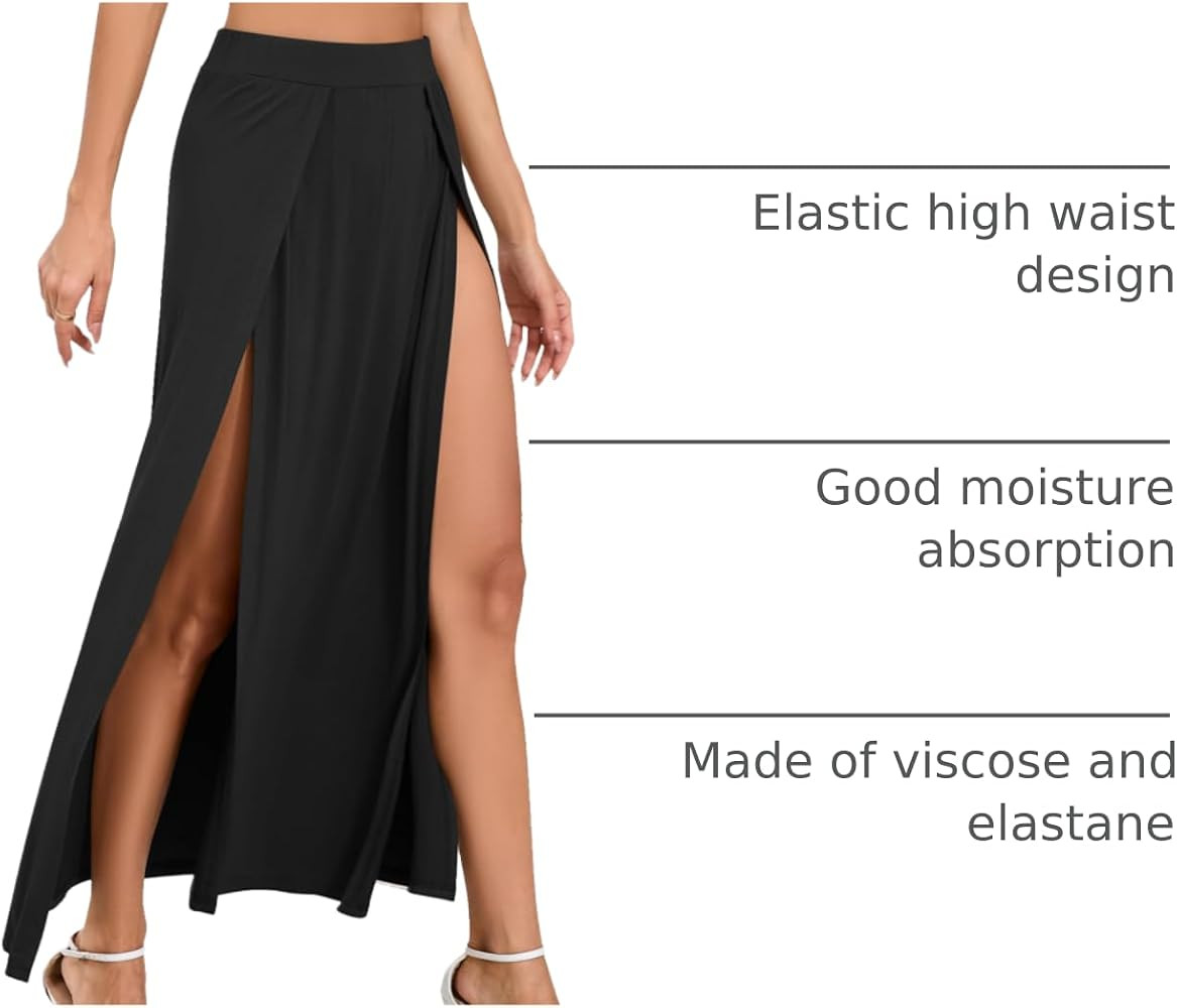 Zando Women's Double Slit Maxi Skirt - High Elastic Waist Flowy Long Split Skirt | Amazon (US)