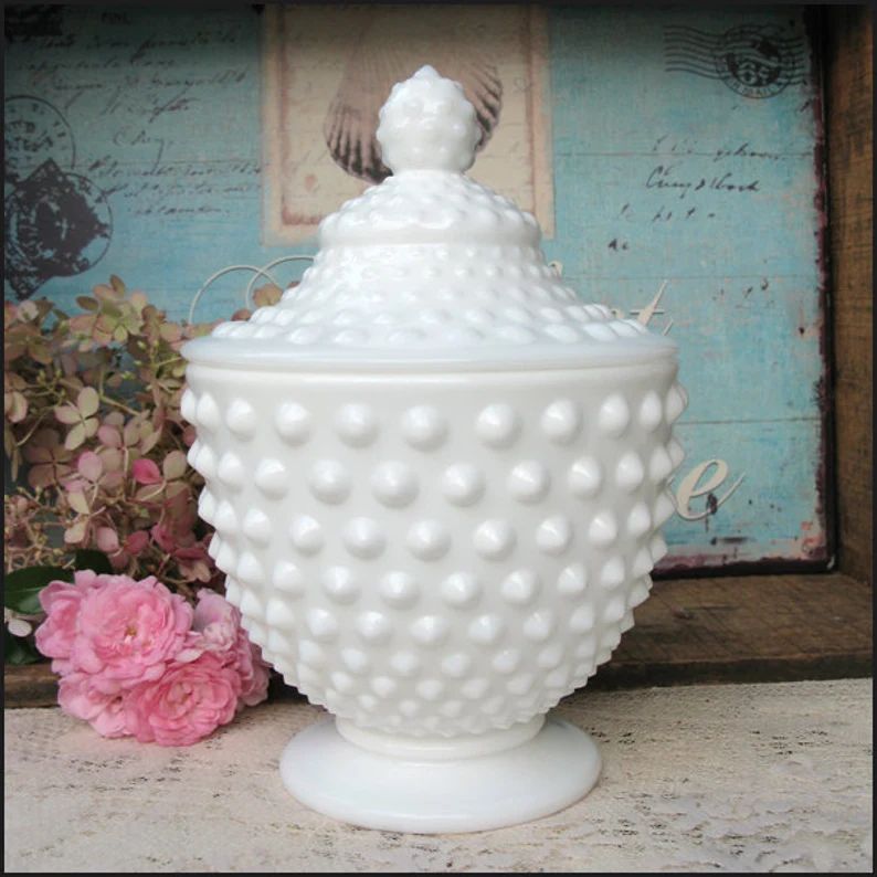 Hobnail Milk Glass Candy Jar by Fenton / Vintage Fenton Milk Glass / Lidded Candy Dish / Wedding ... | Etsy (US)