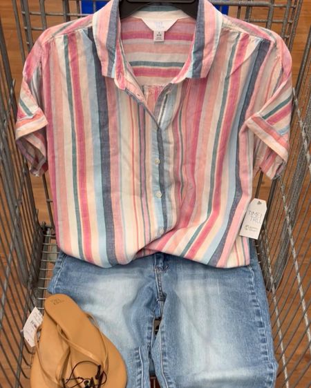Walmart outfit idea with linen blend button down short sleeve roll cuff shirt and raw hem straight leg jeans. Swipe to see how it looks on me (sorry it cropped out my feet!) I fold under the back and tuck the front. Fits tts small. Jeans tts 6. #summeroutfit 

#LTKstyletip #LTKfindsunder50 #LTKfindsunder100