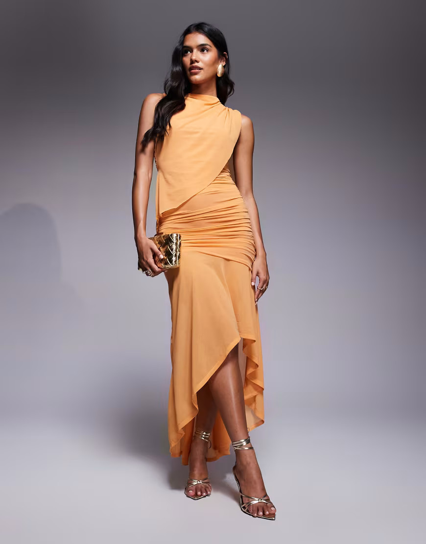 ASOS DESIGN ruched maxi dress with high low hem in apricot-Orange | ASOS (Global)
