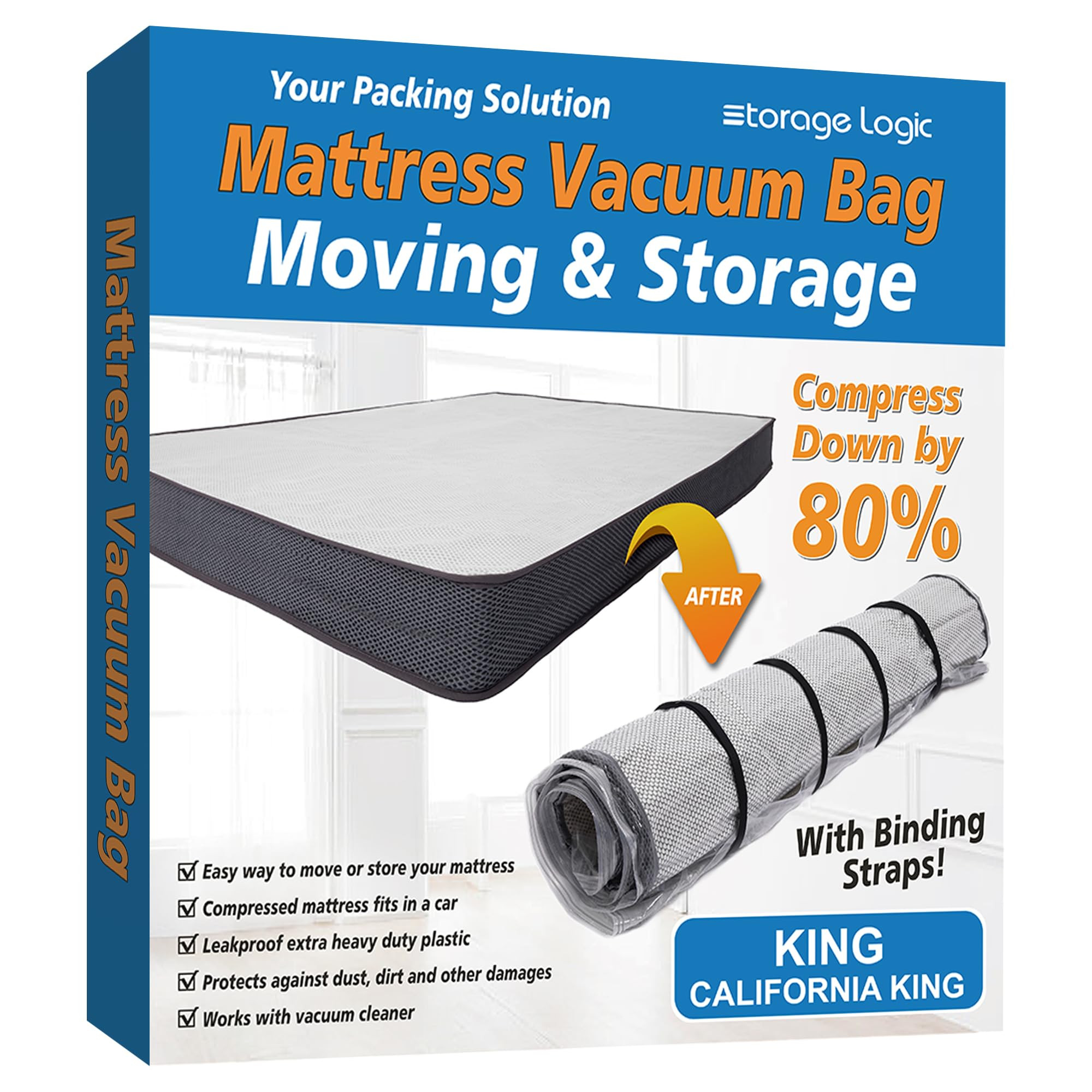 Storage Logic Foam Mattress Vacuum Bag for Moving, Storage, Vacuum Seal Mattress Bag with Straps (King/Cal-King) | Amazon (US)
