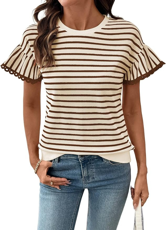 SHEWIN Women Summer Loose Fit Tops Trendy Rib Knit Stripe Shirt Business Dressy Casual 2026 | Amazon (US)