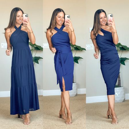 💥ALL dresses are currently on sale! 
These special occasion dresses are perfect for cocktail parties, wedding guest, graduation, baby shower, bridal shower.

Dress 1 - 30% off code 30SUNDRESS
Dress 2 - 20% off code 4IFW47UG
Dress 3 - $3 off couple + 20% off code 20WE4Z65
Click the coupon in the listing. These coupons can go away at any time. 
For reference, I’m 5’1”, 108lbs
wearing a small in all & these are unaltered. 
Dress 1 - Navy, TTS cab wear ties multiple ways. 
Dress 2 - Dark blue, runs like an XS/S 
Dress 3 - Navy, TTS 
Two-strap heels - TTS #LTKweddingguestdress

#LTKunder50 #LTKsalealert #LTKwedding