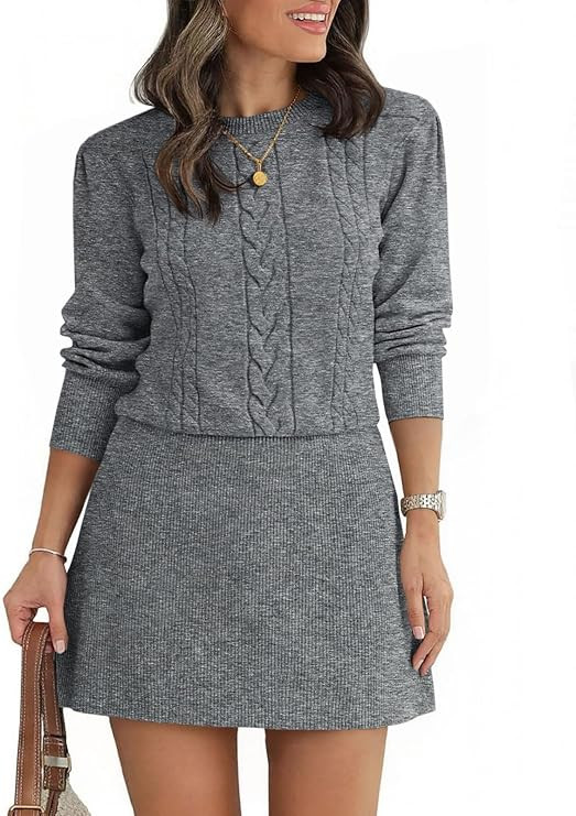 Saodimallsu Womens Puff Long Sleeve Sweater Dress Cable Knit A Line Crew Neck Fall Casual Flare M... | Amazon (US)