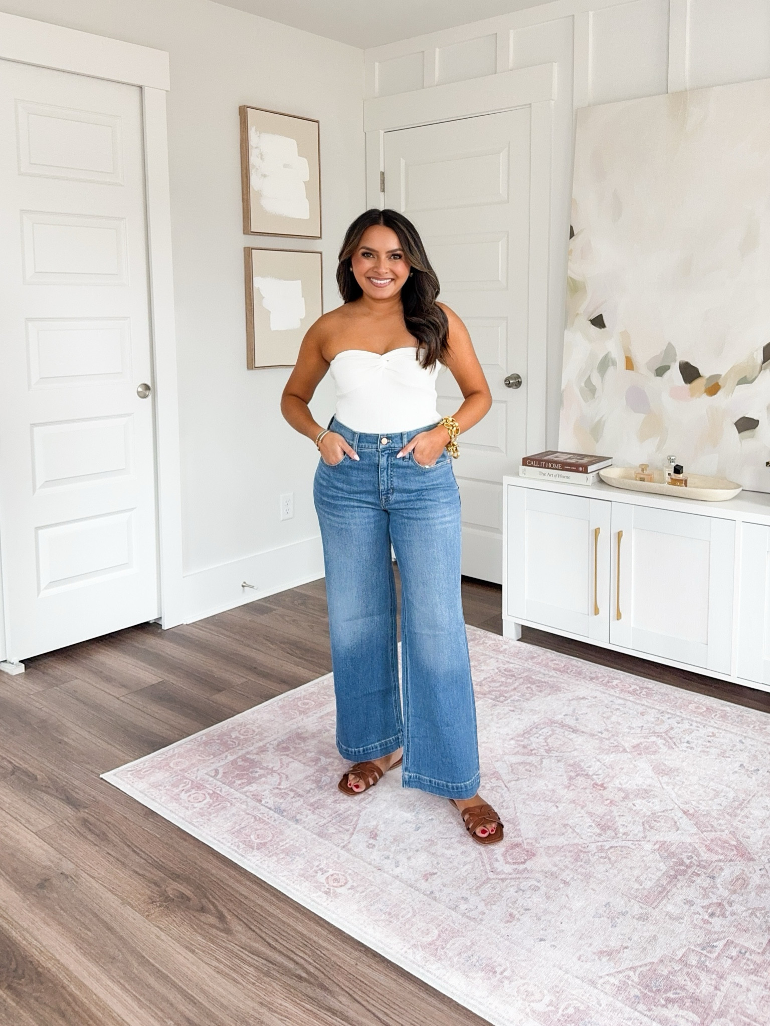 White ribbed tube top size xs TTS
Wide leg jeans size 26 petite TTS - these fit like a cropped length, I’d go with regular sizing if you want a full length trouser jean
Brown sandals size 5.5 TTS


#LTKStyleTip #LTKPetite #LTKSaleAlert