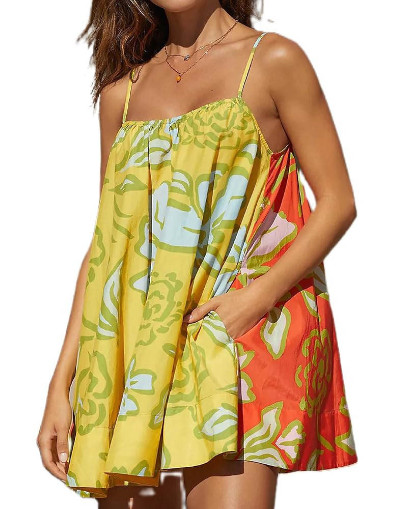 Women Boho Floral Mini Cami Dress Spaghetti Strap Flowy Sling Dress Graphic Backless Summer Holid... | Amazon (US)