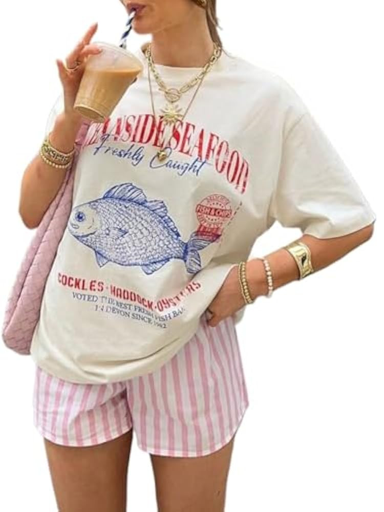 Oversized Graphic Tee Fisherman Core Aesthetic Women Cute Preppy T-Shirts Y2k Streetwear Summer 2... | Amazon (US)