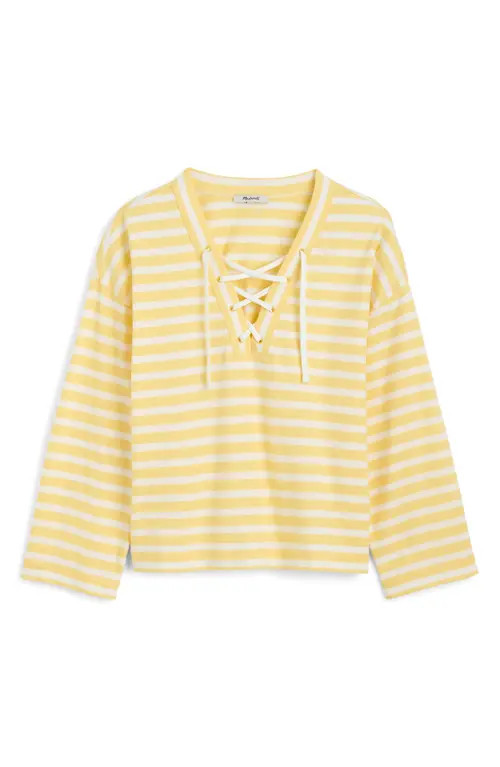 Madewell Stripe Lace-Up Long Sleeve Top in Iced Lemon at Nordstrom, Size Xx-Small | Nordstrom