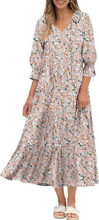 ANRABESS Women Boho Floral Maxi Dresses Summer Puff Sleeve V Neck Beach Swing Casual Flowy Tiered... | Amazon (US)