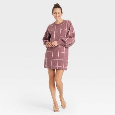 Women&#39;s Long Sleeve Sweater Dress - A New Day&#8482; Mauve Plaid XS | Target