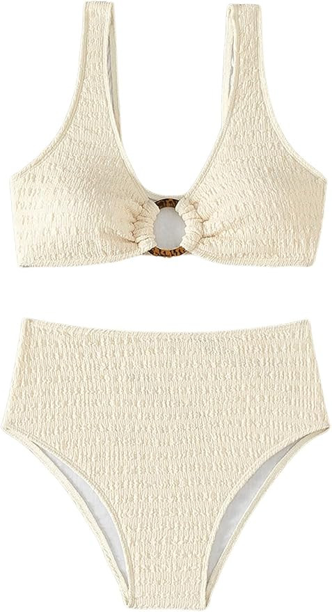 Milumia Women's 2 Piece High Waisted Bikini Sets Ring Linked V Neck Tummy Control Swimsuits | Amazon (US)