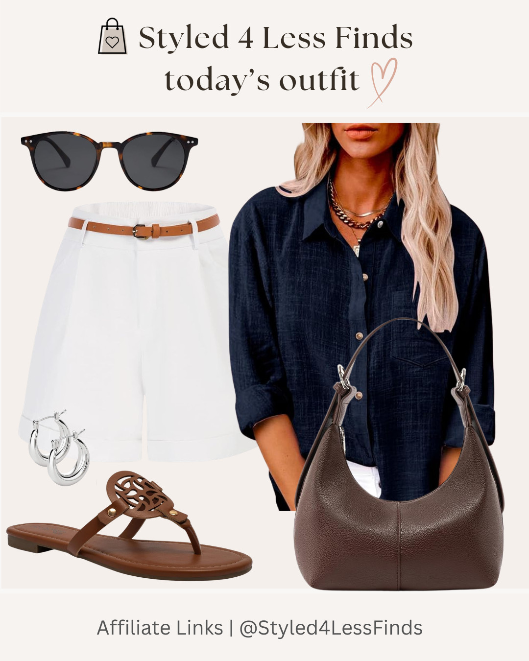 Classic navy + white never goes out of style 🤍✨ This look is proof that simple pieces can create an effortlessly polished outfit. The navy button-up adds sophistication, while crisp white shorts keep it fresh and summer-ready. Finished with warm brown accessories for a timeless touch.

Style Tip: When wearing white bottoms, repeat the same accessory color (like tan or cognac) in your belt, shoes, and handbag. This creates a cohesive, elevated look without feeling overdone. 

 #LTKcanada #LTKworkwear #LTKstyletip