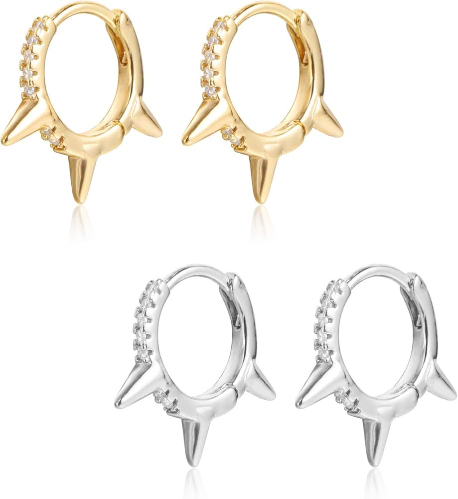 2 Pairs Spike Huggie Earrings 18K Gold Plated Small Hoops Cubic Zirconia Sleeper Earrings for Wom... | Amazon (US)