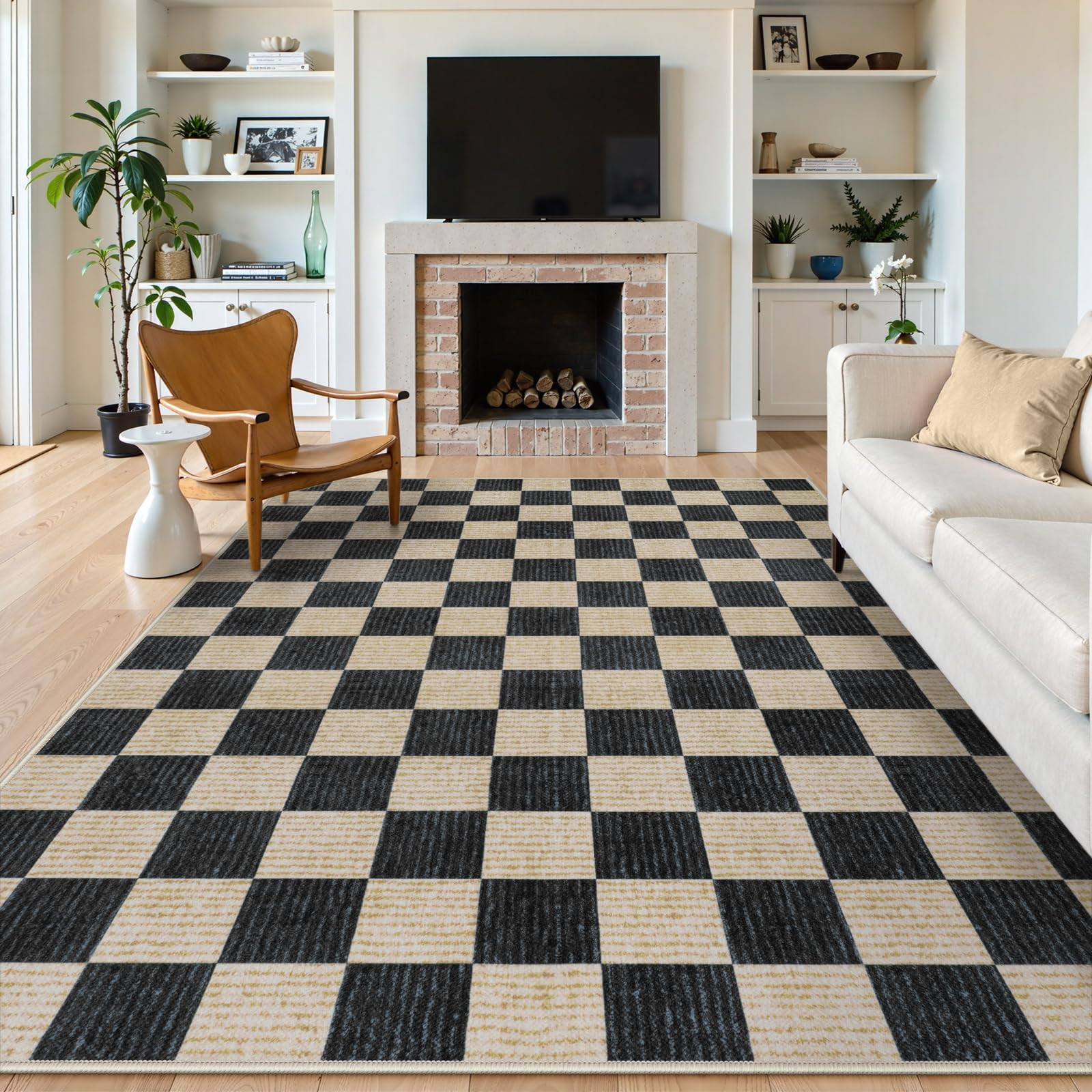 LIVEBOX 8x10 Area Rugs for Living Room, Checkered Non-Slip Washable Rugs, Farmhouse Neutral Class... | Amazon (US)