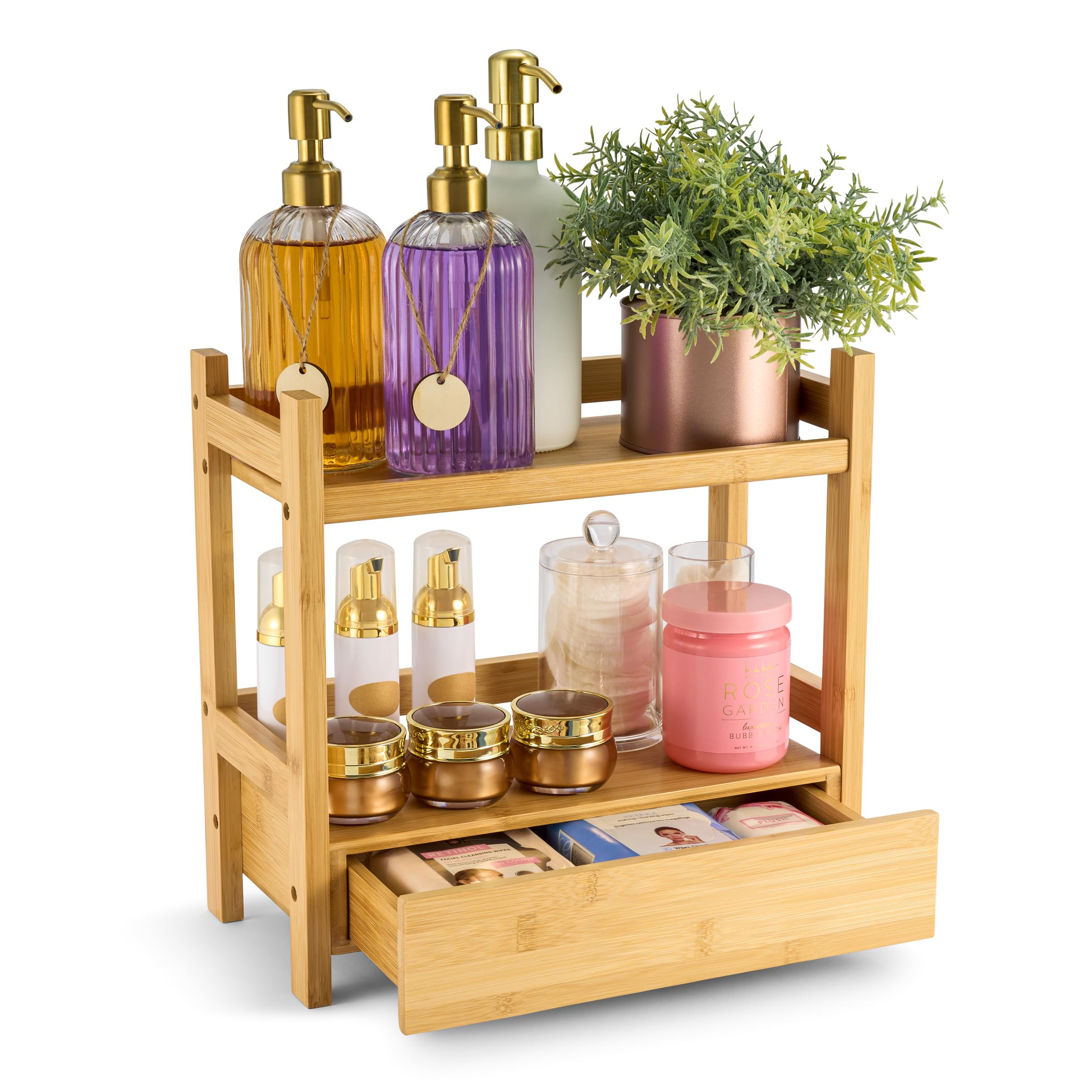 Sorbus Bamboo Bathroom Counter Organizer – 2-Tier Shelf with Hidden Drawer for Vanity, Matcha S... | Amazon (US)