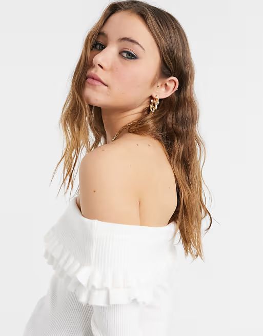 QED London Bardot ruffle sweater in white | ASOS (Global)