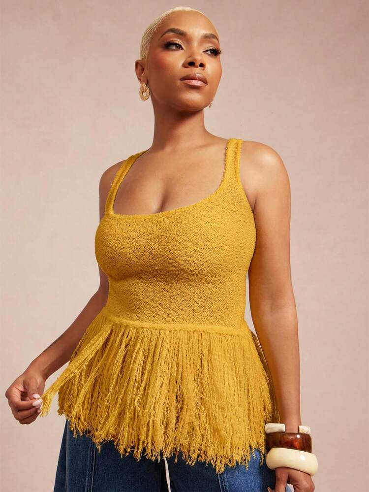 Vixey Fringe Hem Rib Knit Sleeveless Peplum Top | SHEIN