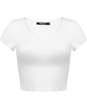 OThread & Co. Women's Basic Crop Tops Stretchy Casual Scoop Neck Cap Sleeve Shirt | Amazon (US)