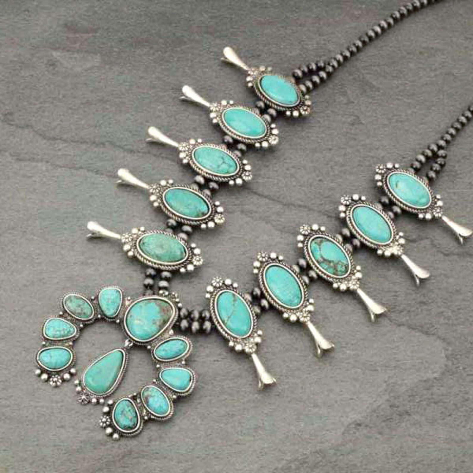 Full Squash Blossom Natural Turquoise Necklace - Etsy | Etsy (US)