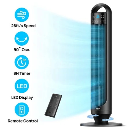 DREO Tower Fans for Home, 32" Standing Floor Fan, 26 ft/S Bladeless Fan with Remote, 90° Oscillating, 3 Modes, 3 Speeds, LED Display, 8H Timer, 22dB Ultra Quiet Room Fan | Walmart (US)